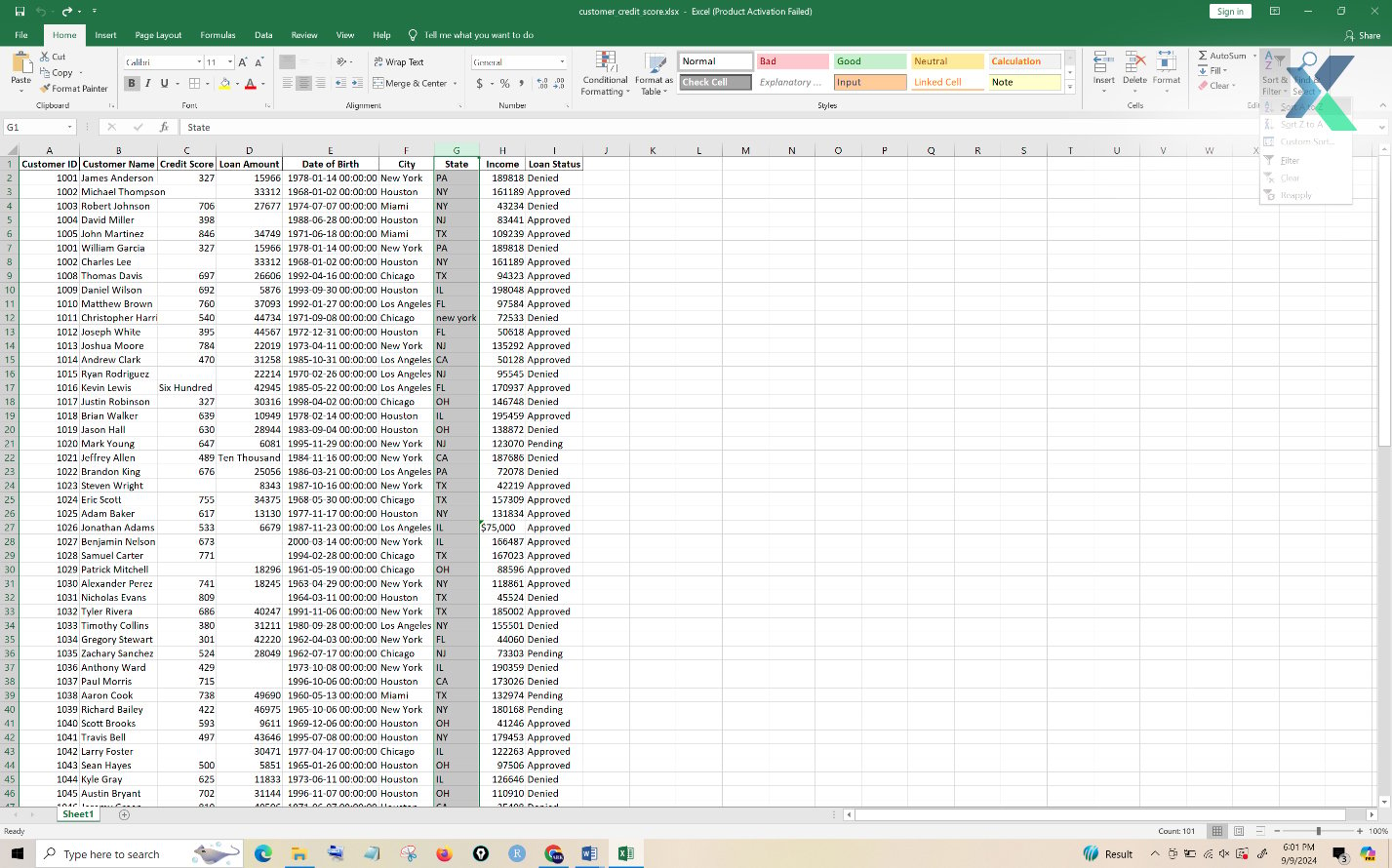 sorting dataset excel