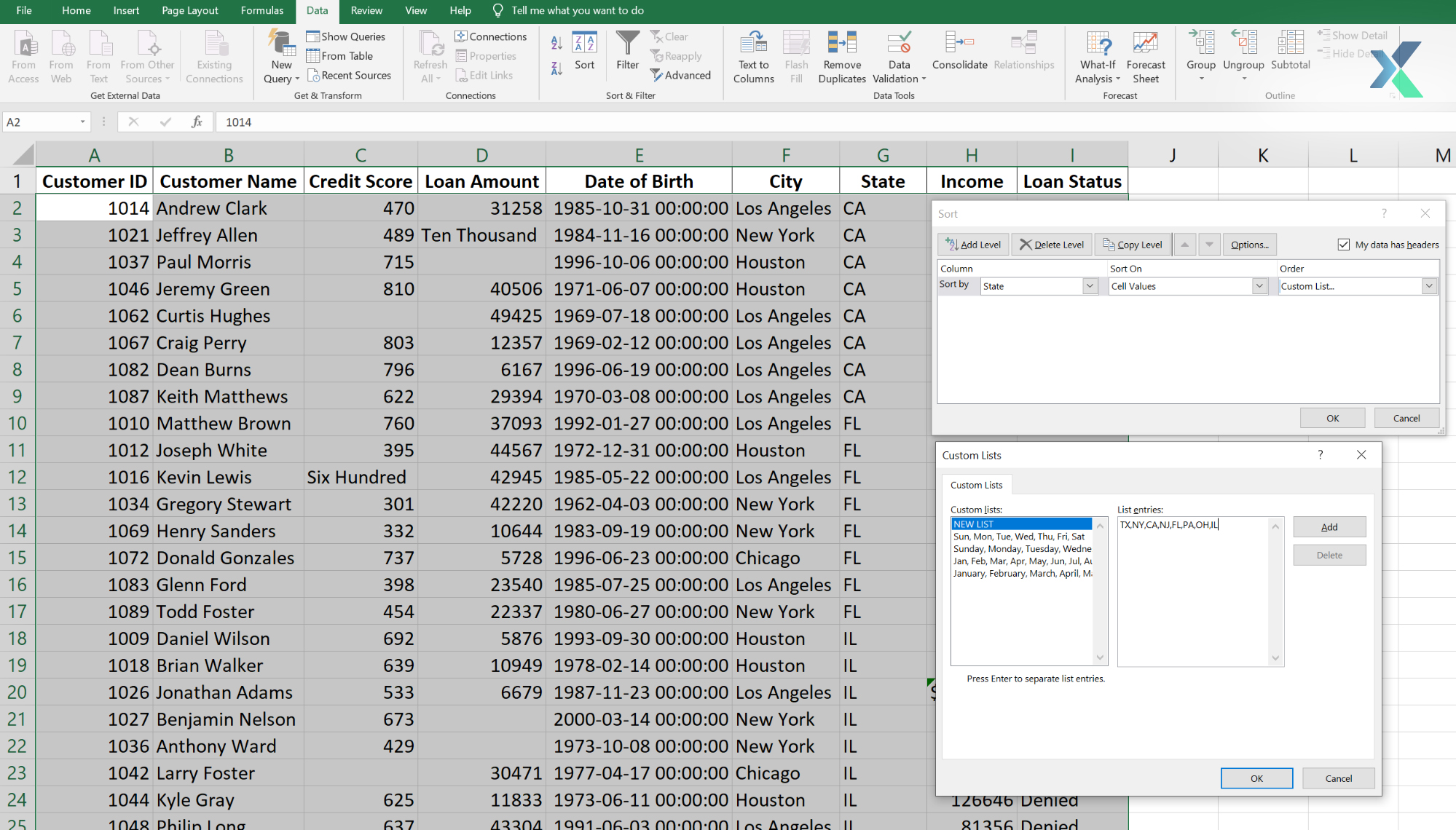 sorting dataset in excel