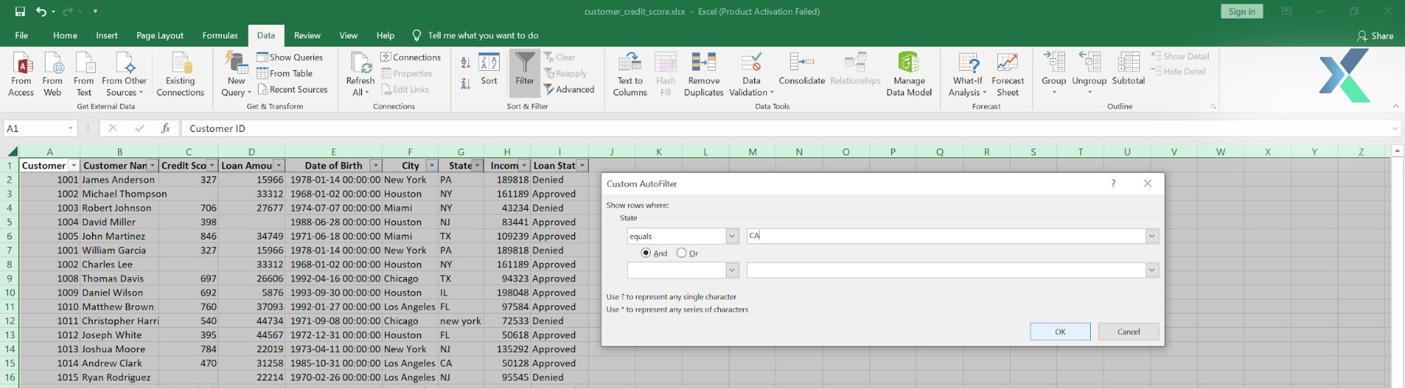 filtering data in excel