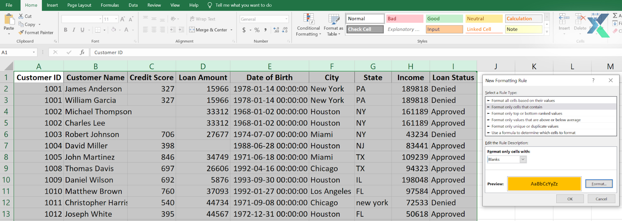 flagging blanks or null values in excel